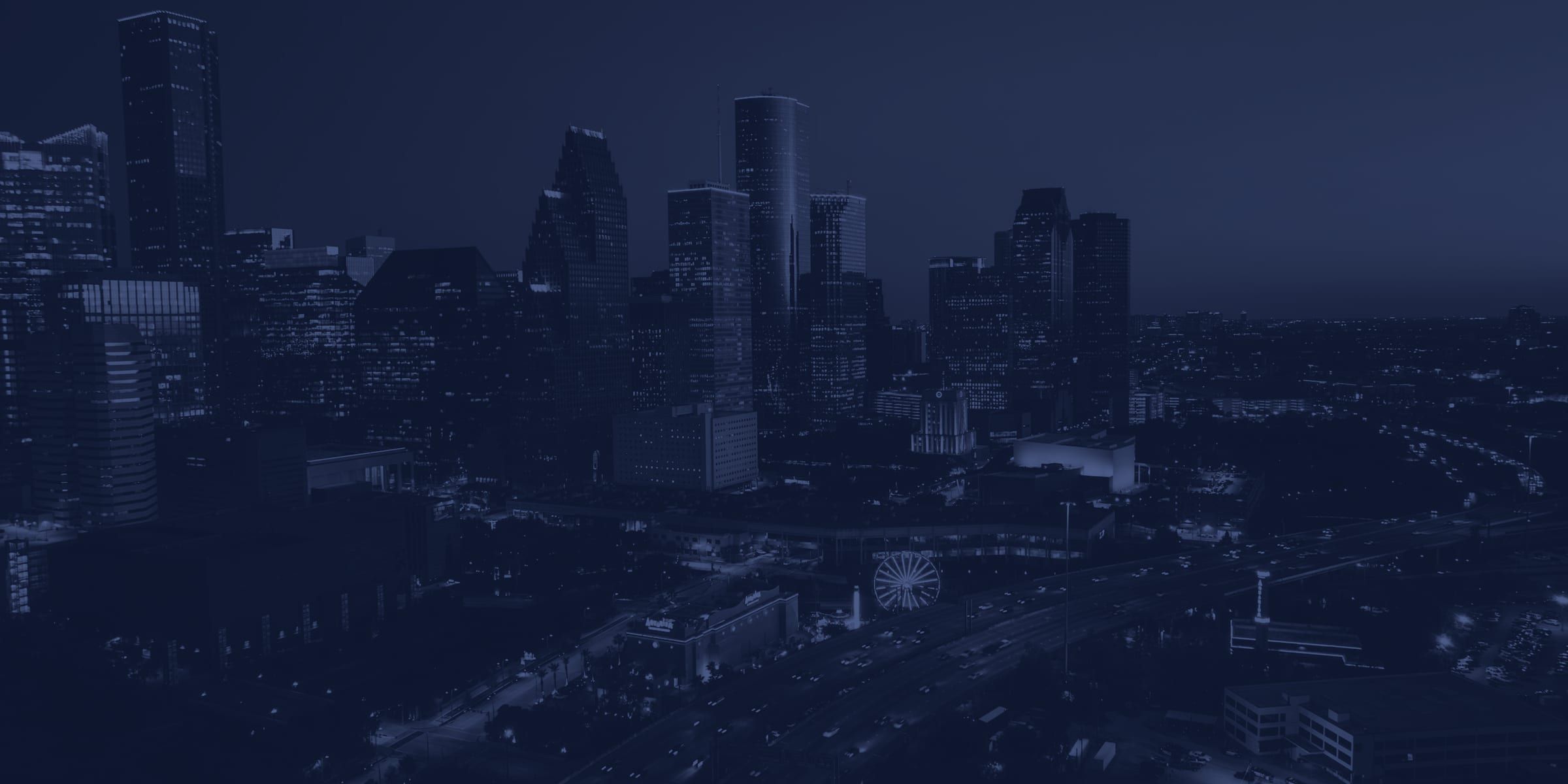 Downtown Houston skyline at blue hour.